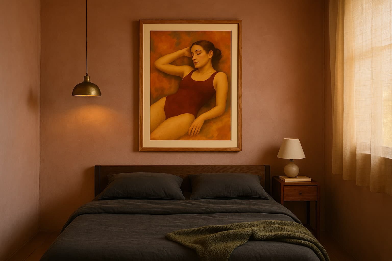 Bedroom interior with framed art