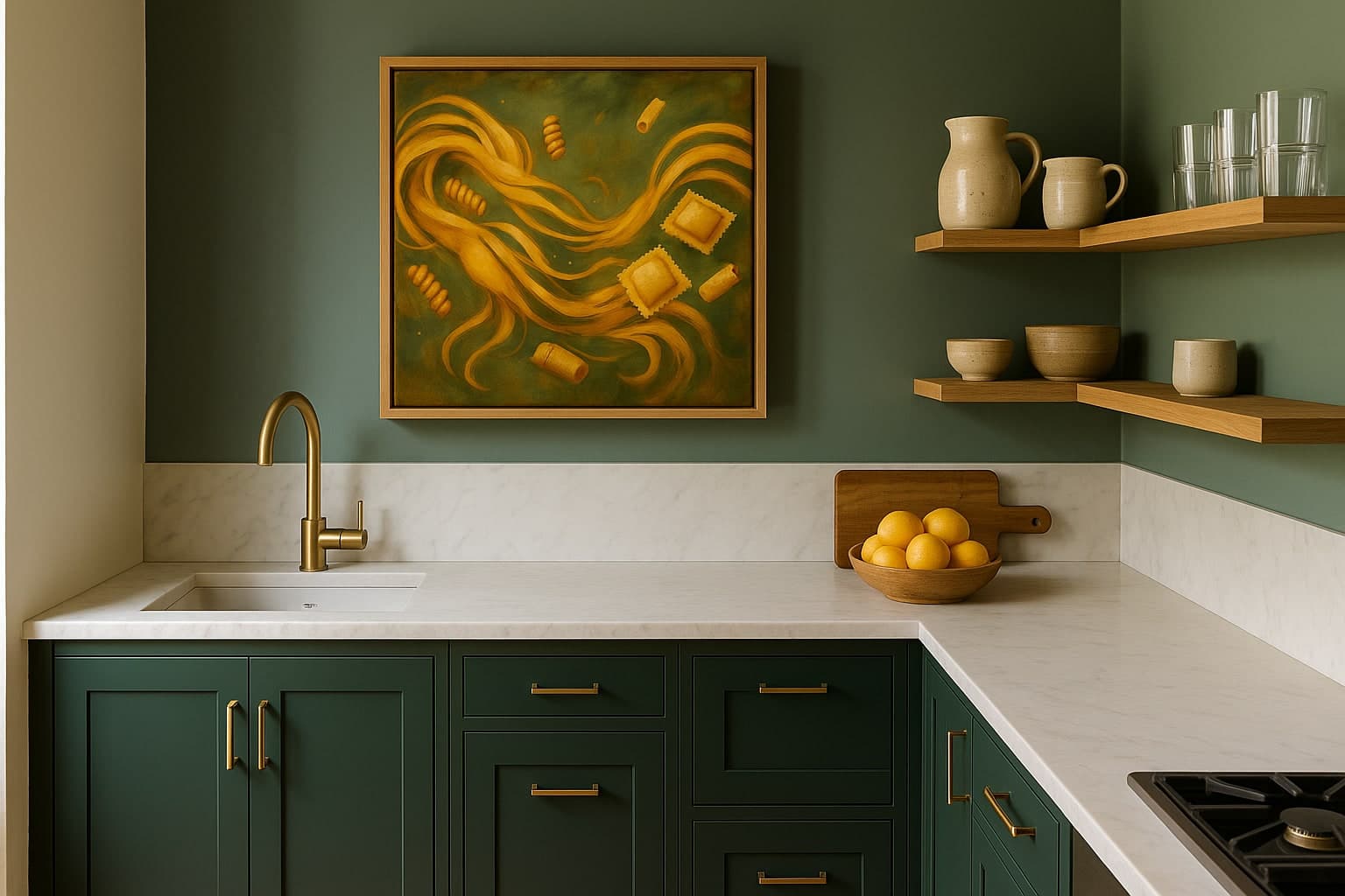 Kitchen interior with framed art