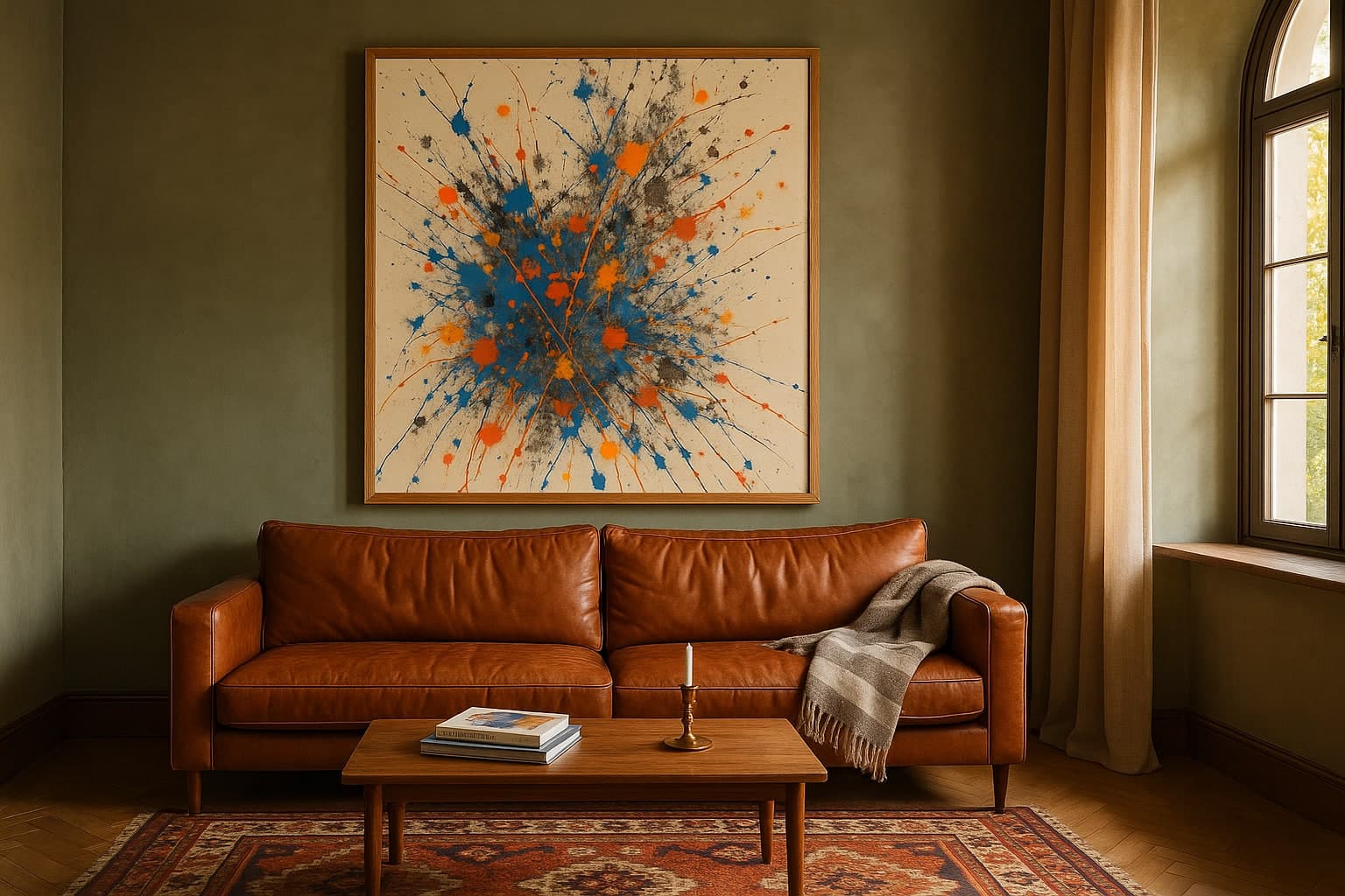 Framed limited-edition art print hanging above a sofa in a UK living room