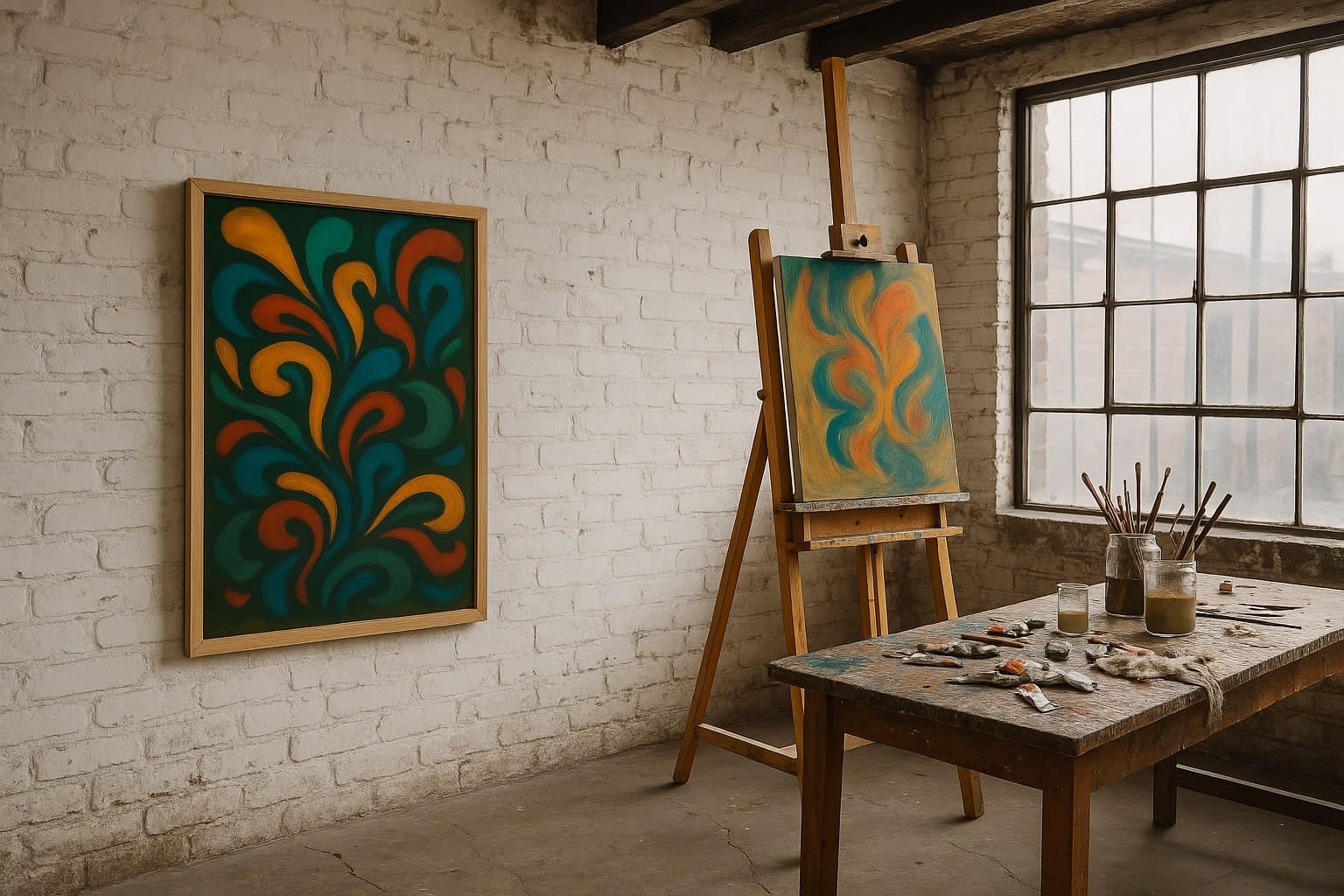 Studio interior with framed art
